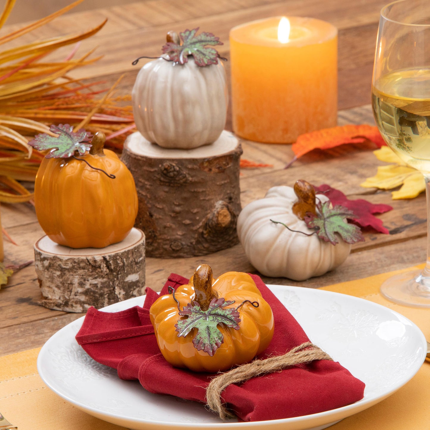 Ceramic Pumpkin with Leaf Table Décor in 12 piece